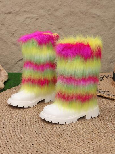1 Pair Girls' Rainbow Gradient Colorblock Long Fur Trim Glossy Smooth Fabric Non-Slip Durable Lightweight Round Toe High Shaft Sock Boots Thick Sole Chunky Heel Y2K Style Fashion Boots For Holiday Performance Halloween Daily Wear