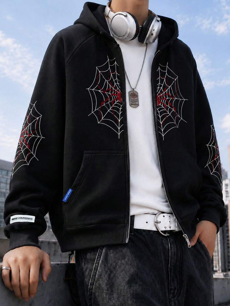 1 件 Tween Boy 休闲蜘蛛印花宽松连帽夹克,百搭运动风格,春秋季 - 黑色 - 查看 1