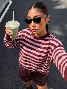 Women's Autumn/Winter Striped Round Neck Long Sleeve Knit Sweater Contrast Color Pullover Top - Burgundy - View 1