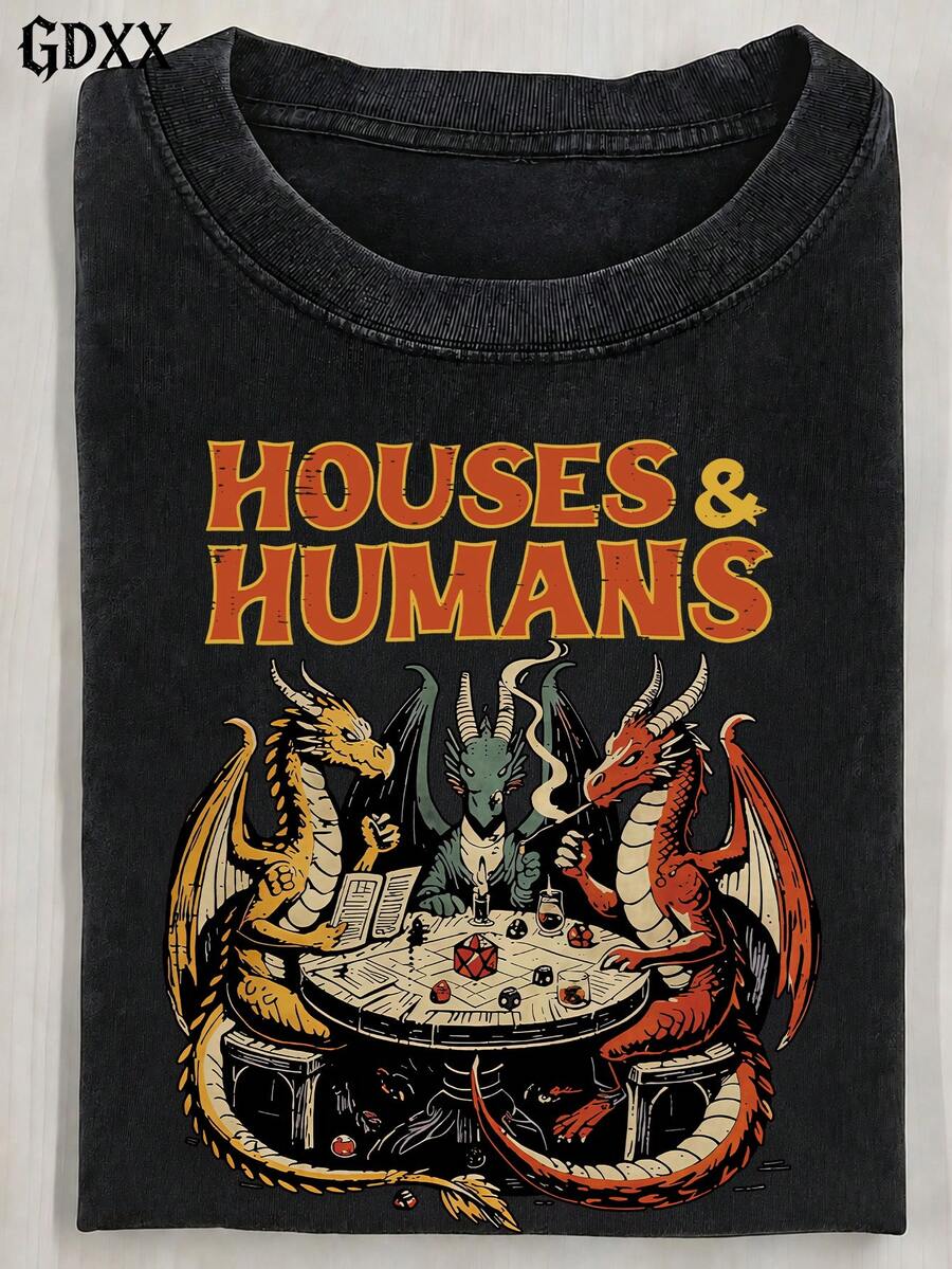 1Pcs Men Short Sleeve T Shirt Crew Neck Fantasy RPG D20 Dice Dragon Battle Graphic Print Gamer Casual Game Night Gift Summer Top - 黑色 - 查看 1