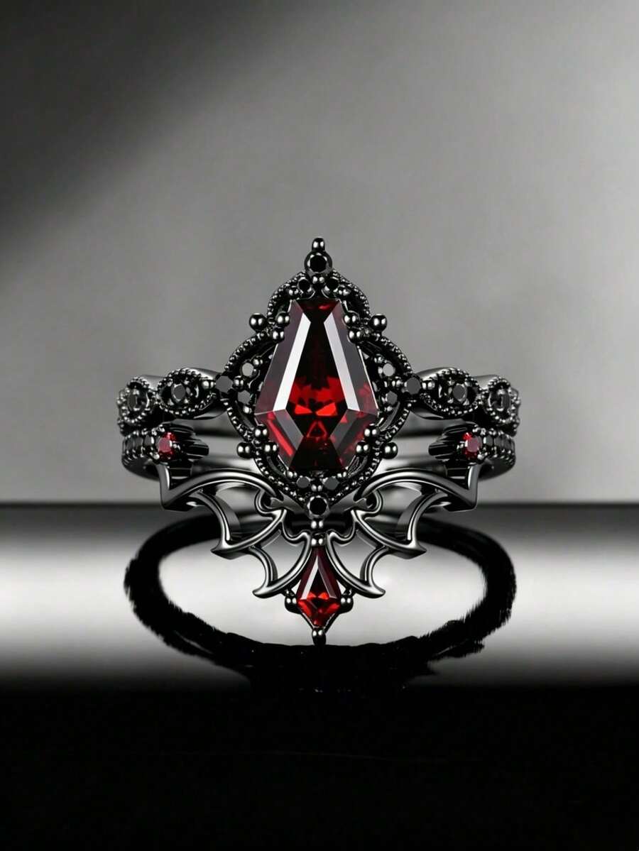 2pcs Dark Gothic Red Bat Hollow Out Design Ring,With Red Synthetic Zirconia, Suitable For Daily Dressing,Halloween,Party Clothing Decoration Jewelry - Ring - View 1
