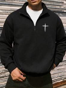 Men's Autumn/Winter Casual Versatile Minimalist Cross Print Commute Patchwork Loose Drop Shoulder Zip-Up Polo Shirt - Black - View 1