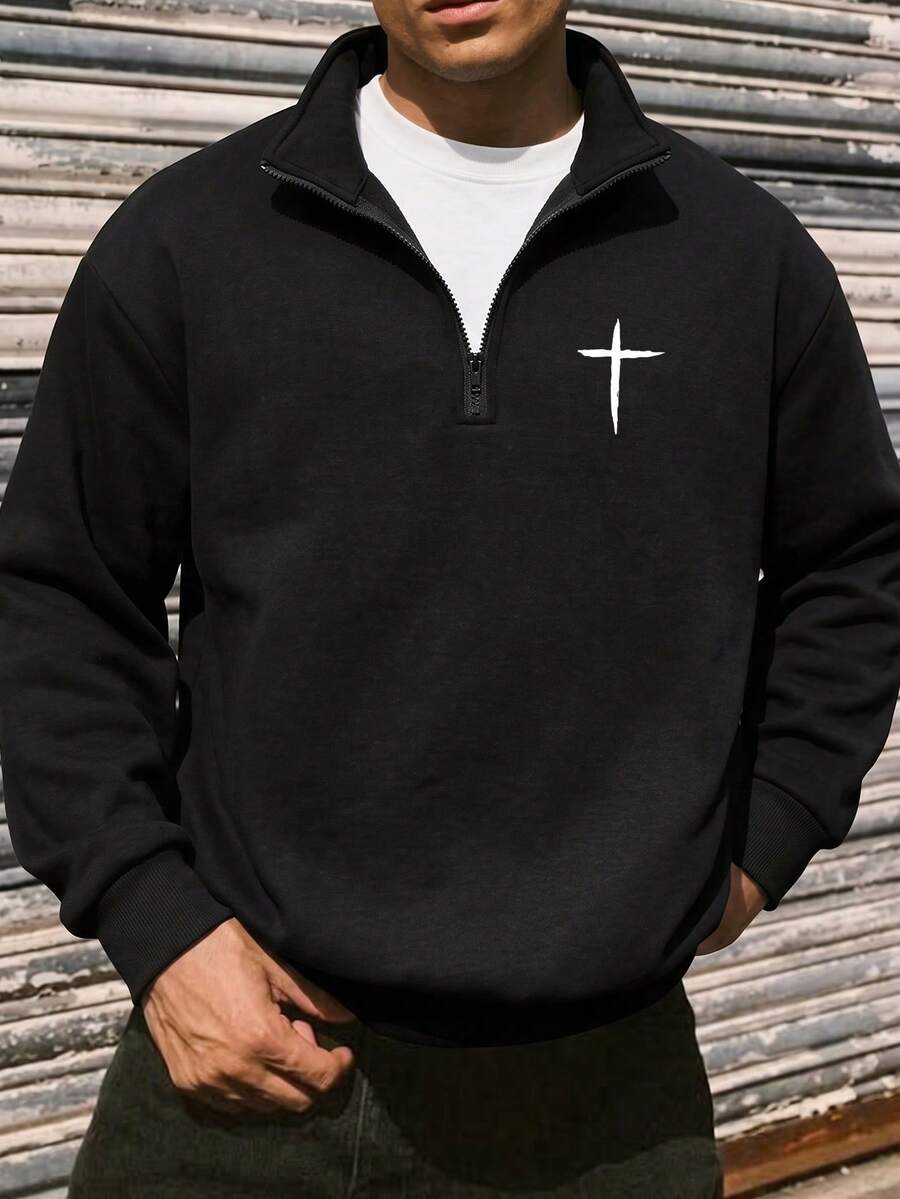 Men's Autumn/Winter Casual Versatile Minimalist Cross Print Commute Patchwork Loose Drop Shoulder Zip-Up Polo Shirt - Black - View 1