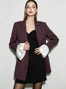 Women's Vertical Striped Blazer Jacket, Satin Bell Sleeve Design, Commuter Professional Small Suit Jacket, Spring/Autumn Thin Outerwear - Burgundy - View 1