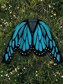 Plus Size Women's Halloween Butterfly Cape Knit Cardigan, Vibrant Contrast Color Crochet Jacquard Design, Slim Fit Bright Sweater Fall - Mint Blue - View 2