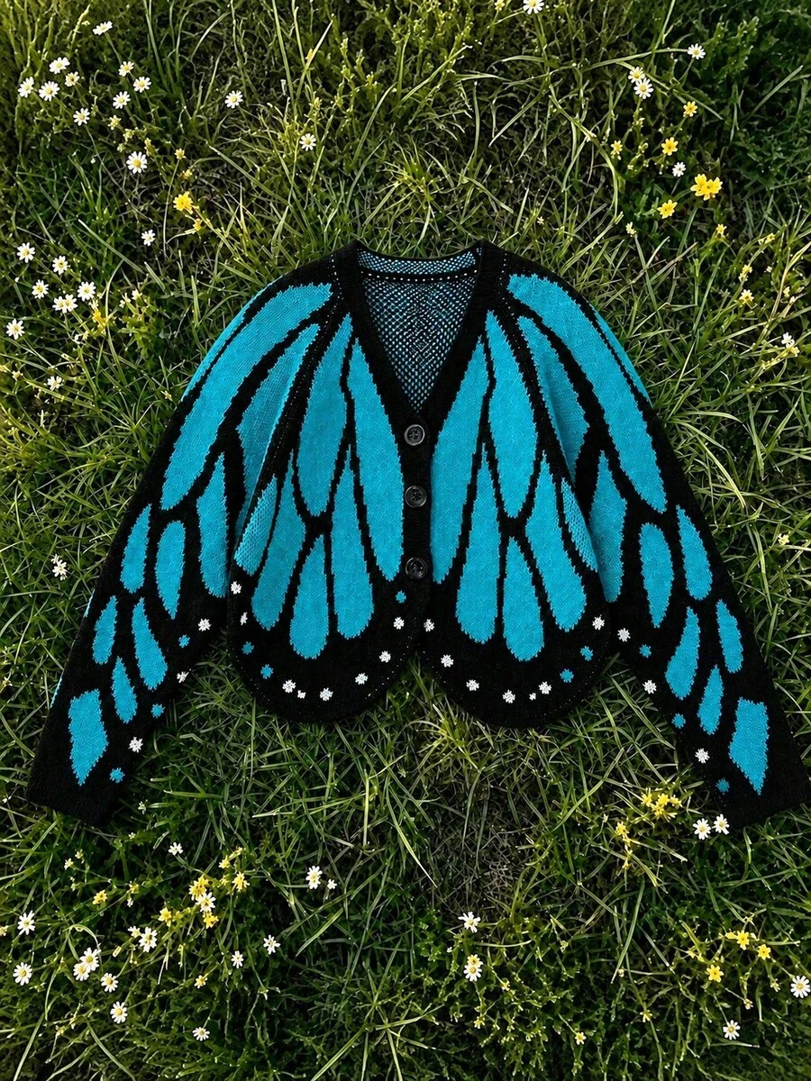 Plus Size Women's Halloween Butterfly Cape Knit Cardigan, Vibrant Contrast Color Crochet Jacquard Design, Slim Fit Bright Sweater Fall