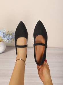 Elegante schwarze Damen-Mary-Jane-Ballerinas aus Kunstwildleder mit spitzer Zehenpartie, elastischem Riemen, flache Slip-On-Schuhe, bequem und rutschfest für Büro und Alltag - Schwarz - Übersicht 7