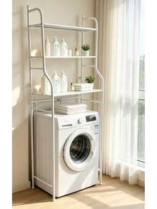 3-Tier Over The Washing Machine Storage Rack – Iron Laundry Organizer Shelf, Space Saving Bathroom Storage Stand, Heavy Duty Utility Rack, Black / White - White - View 12