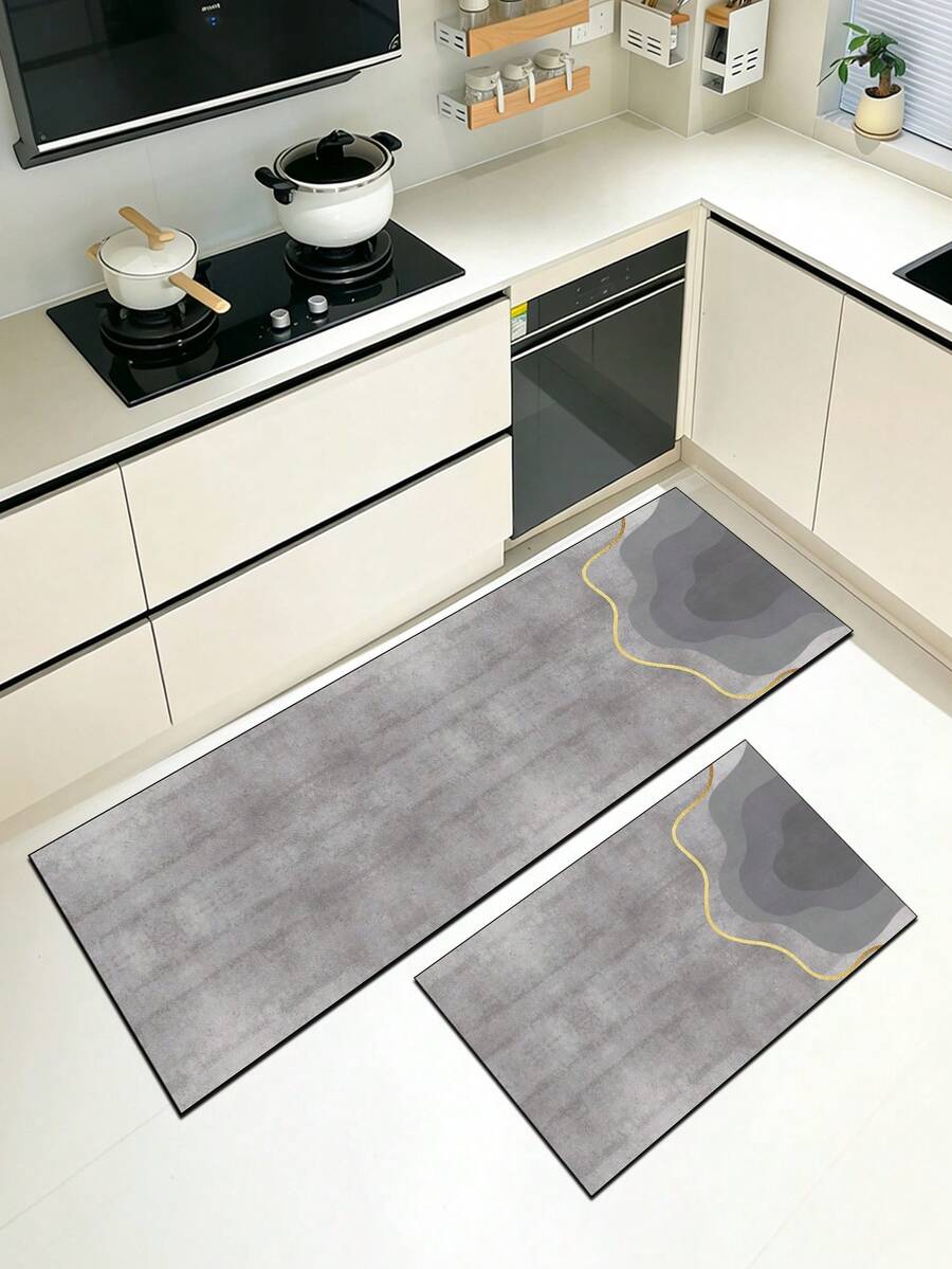1pc Grey Background Gold Line Pattern Kitchen Mat, 3.5mm Soft Rubber Material, Absorbent And Easy To Clean, Suitable For Hallway, Bathroom, Living Room, Outdoor Door Mat And Toilet, All-Year Use, Suitable For Various Holidays - Multicolor - View 1