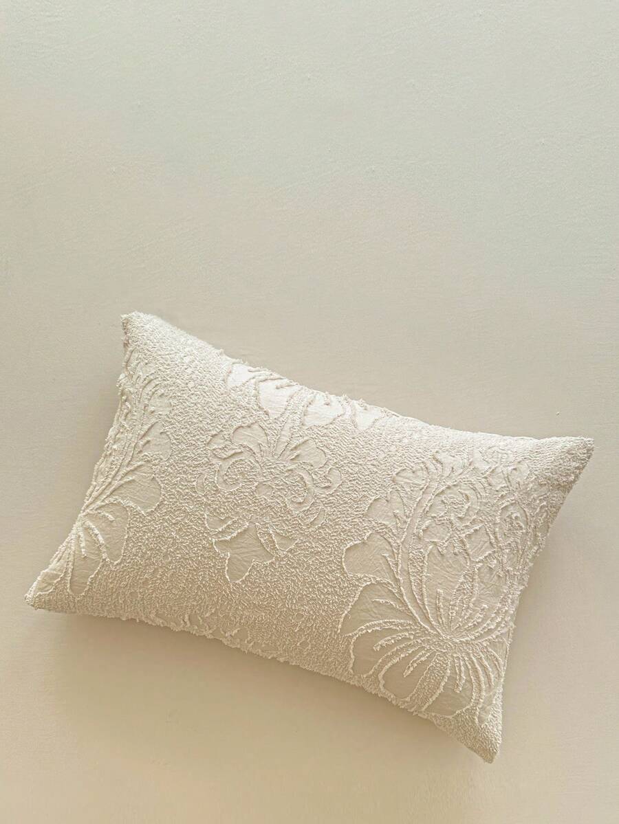 1pc Khaki Floral Tufted Bed Pillowcase, Pastoral Vintage Chic Polyester Decorative Pillow Cover Suitable For All Seasons, Decorative Long Pillowcase, Machine Washable, No Filling - Khaki - View 1
