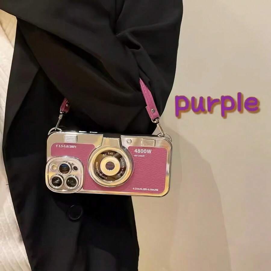 1pc 3D Camera Litchi Texture Phone Case With Lanyard, Anti-Drop Protective Cover, Ins Style, Different Models Have Different Hole Positions, Subject To Actual Product Received - Purple - View 1