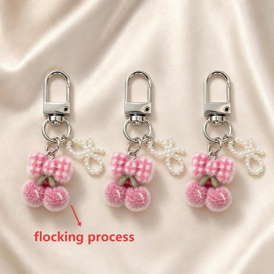 1pc/2pcs/3pcs Women's Flocked Cartoon Cherry Pendant With Faux Pearl Hollow Bowknot Accessory Keychain Cute Bag Charm - Multicolor - View 1