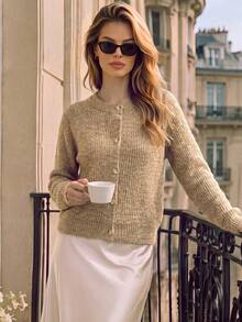 Autumn Khaki Crew Neck Knit Cardigan For Women Raglan Sleeve Button Down Fuzzy Soft Knit Tops Casual Fall Daily Outfits - Brown - View 2