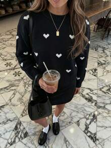 Women's White Crew Neck Heart Graphic Long Sleeve Knit Sweater, Loose Casual Pullover Top For Fall Winter, Cozy Everyday Streetwear Outfit - Black - View 9