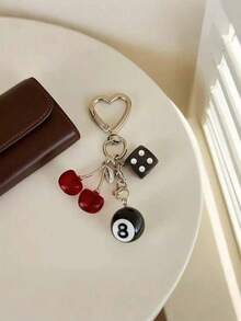 1pc/Set Cherry Lucky Keychain, Red/Black Billiard Design, Alloy Heart-Shaped Buckle, Can Be Hung On Car, Durable, Fashionable And Beautiful, Suitable For Men And Women - Multicolor - View 1