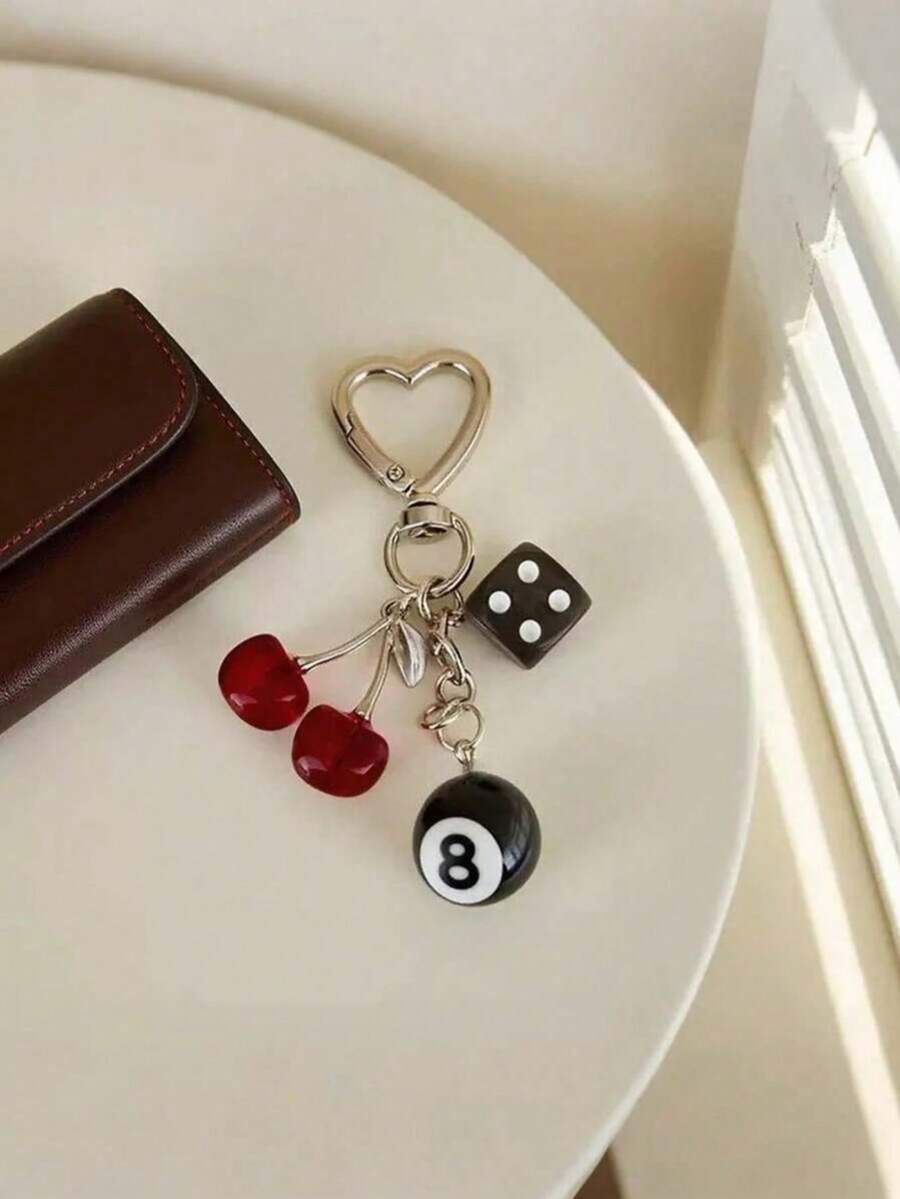 1pc/Set Cherry Lucky Keychain, Red/Black Billiard Design, Alloy Heart-Shaped Buckle, Can Be Hung On Car, Durable, Fashionable And Beautiful, Suitable For Men And Women - Multicolor - View 1