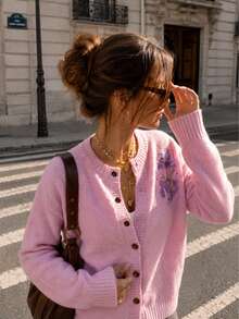 Pink Cardigan For Women, Soft Knitted Sweater Button Up Long Sleeve Casual Fall Winter Top With Floral Detail - Light Pink - View 3