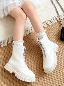 1 Pasang Sepatu Bot Pendek Anak-Anak Berkilau dengan Resleting Depan, Sepatu Bot Ankle Ujung Bulat Bergaya Vintage, Cocok untuk Pemakaian Sehari-hari dan Penataan Busana, Cocok untuk Aktivitas Luar Ruangan, Cocok untuk Musim Gugur/Dingin - Krem - View 2