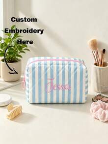 Personalized Quilted Striped Cosmetic Bag, Portable Travel Toiletry Storage Pouch With Contrast Color Zipper, Lightweight Small Makeup Organizer Bag - Multicolor - View 1