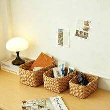 Handwoven Storage Basket Set, 1pc/2pcs/3pcs/4pcs, Paper Rope Material, Suitable For Living Room, Bedroom, Cabinet And Office, Home Decor, Shelf Storage Basket, Halloween Gift, Christmas Decoration Storage Basket - Khaki - View 7