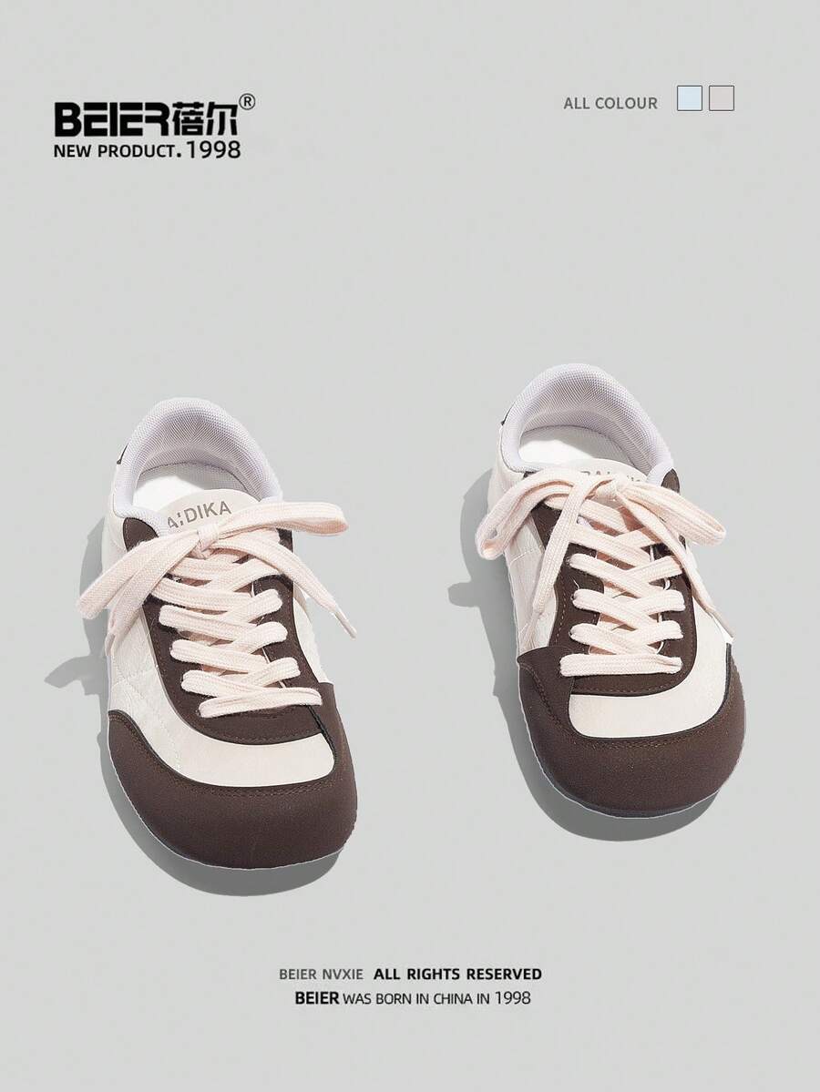 BEIER Women's Colorblock Cartoon Casual Shoes, Patchwork Sports Lace-Up Round Toe Low-Top Leather Flat Sneakers - Baby Pink - View 1
