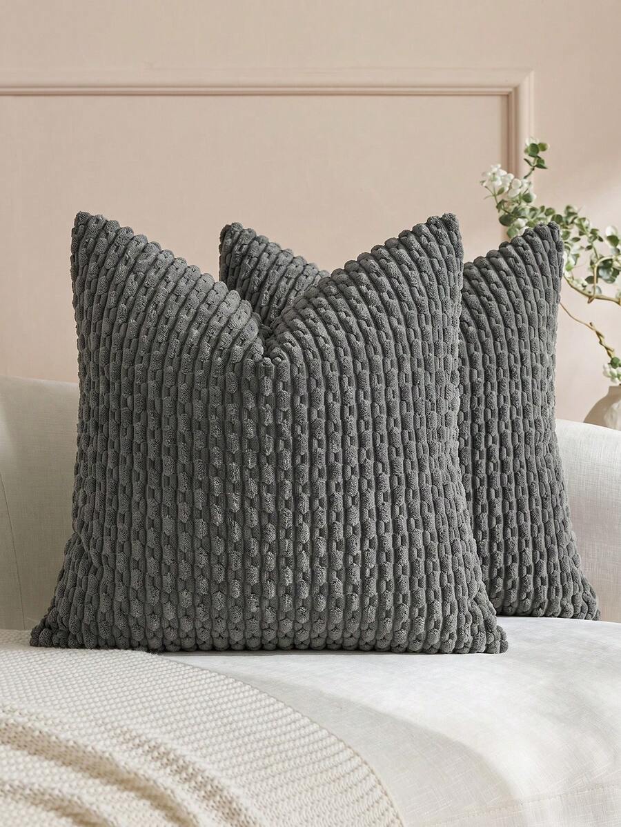 1pc/2pcs Bohemian Striped Throw Pillow Cover (Pillow Insert Not Included), Soft Plush Corduroy Solid Color Decorative Square Pillow Sham, Suitable For Holiday, Sofa, Bedroom, Bed, All Seasons
