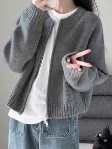 女款冬季必備，加厚雙向拉鍊純色開襟針織衫，休閒風格，適合秋冬返校季 - 深灰色 - 查看 1