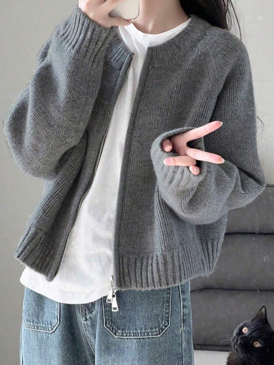 女款冬季必備，加厚雙向拉鍊純色開襟針織衫，休閒風格，適合秋冬返校季 - 深灰色 - 查看 1