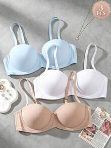 3pcs Solid Color Push Up Bra, Detachable & Convertible Straps, Multi-Way Wear, Suitable For B Cup And Above - Multicolor - View 3