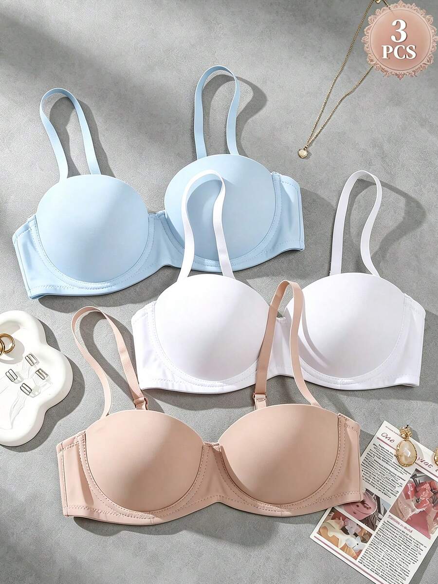 3pcs Solid Color Push Up Bra, Detachable & Convertible Straps, Multi-Way Wear, Suitable For B Cup And Above