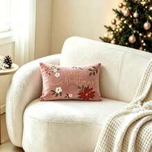 LCUHPCL 1pc Luxury Floral Merry Christmas 3D Embroidered Pillowcase, Suitable For Bedroom, Living Room, Sofa, Daily Use, Party And Various Environments - Pink - View 4
