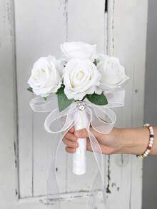 White Pearl Tulip Bridal Bouquet(8.66inch)With Pearl Decoration, Lace Bow Artificial Flower For Wedding Party Prom Gift - Multicolor - View 33