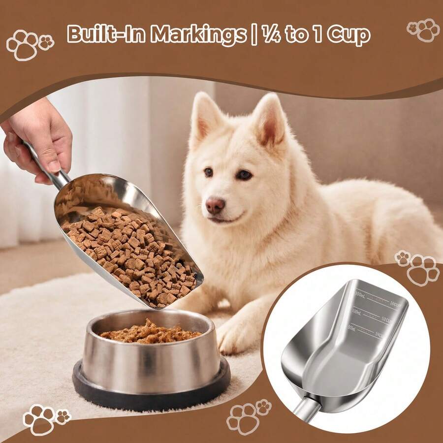 1pc Stainless Steel Pet Measuring Cup, 1 Cup Capacity With Scale Food Scoop, Suitable For Dog And Cat Dry Food, Kibble And Treats Feeding Spoon, Durable Pet Feeding Accessory, Suitable For Daily Use - 200ml - View 1
