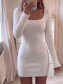 Just Masa Women's Fall Casual Elegant Square Neck Long Sleeve Bodycon Sweater Mini Dress,Rib-Knit Chic Basic Dress,For Party,Wedding,Birthday,Date - Off White - View 6