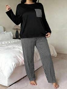 Women's Plus Size Pajama Set, Striped Pocket, Long Sleeve Long Pants Loungewear Set, Autumn/Winter Clothing - Black - View 5