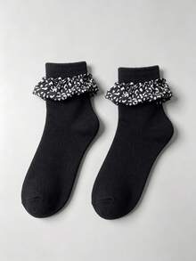 1/3 Pairs Autumn Fashion Leopard Print Ruched Lace Women's Mid-Calf Socks, Sweet & Cool Style Personalized Slouch Socks - Black and White - View 6