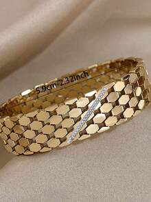 1 pieza Brazalete grueso de acero inoxidable con strass diagonal, brazalete hueco hexagonal para mujer, brazalete abierto elegante, adecuado para bodas, aniversarios, fiestas, cumpleaños y otras ocasiones, se puede usar como regalo de joyería - Amarillo Oro - Ver 6