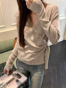 Women's Lace Patchwork Pleated Casual Versatile Daily Wear Knit Top - Khaki - View 4
