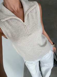 Women's Preppy Half-Zip Collared Knit Vest, Sleeveless Soft Loose Fit Pullover Vest, Casual Layering Sweater For Autumn/Winter - Apricot - View 4