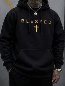 Plus Size Men's Casual Versatile Minimalist English Slogan Print Hoodie, Loose Fit Black Sweatshirt, Essential For Autumn/Winter, Suitable For Daily Wear, Outdoor And Commuting - Black - View 1