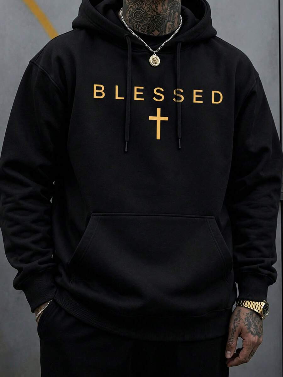 Plus Size Men's Casual Versatile Minimalist English Slogan Print Hoodie, Loose Fit Black Sweatshirt, Essential For Autumn/Winter, Suitable For Daily Wear, Outdoor And Commuting - Black - View 1