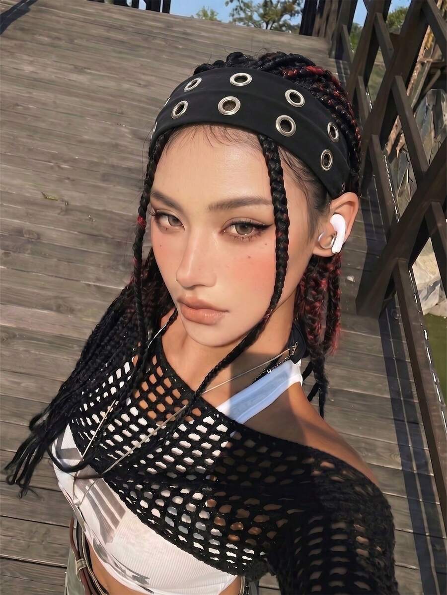 女款龐克風寬版黑色金屬孔眼髮箍,彈性髮圈頭巾,運動健身髮飾,秋季裝飾萬聖節風格 - 黑色 - 查看 1