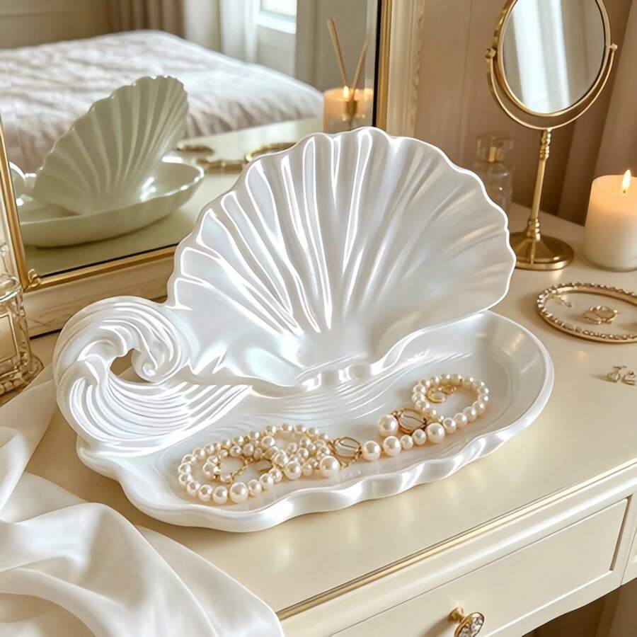 1pc Wavy Decorative Storage Tray, Ocean Shell Shaped Jewelry & Cosmetics Organizer, Coastal Style Vanity Display Tray For Perfume, Skincare And Soap, Bathroom Vanity Desktop Decor And Housewarming Gift - Multicolor - View 1