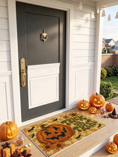 1 pieza Felpudo de decoración de Halloween, Fantasma, Calabaza Jack, Murciélago, Patrón de gato negro, Alfombra antideslizante de dibujos animados lindos para interior/exterior, Adecuada para cocina, dormitorio, baño, Decoración del hogar de otoño, Regalo de decoración de fiesta, Halloween.