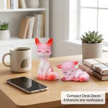 Pink Sakura Fox Figurine Set – Dual Pose Resin Desktop Decor With Cherry Blossom Details, Cute Animal Ornament For Home & Office - 2pcs - View 4