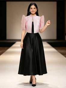 Modern Filipino Style Butterfly Sleeve Elegant Stand Collar Patchwork Minimalist Solid Color Top - Pink - View 3