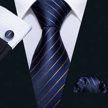 Navy Blue Striped Necktie Hankie Cufflinks 3pcs Fit Wedding Prom Dinner - Royal Blue - View 3