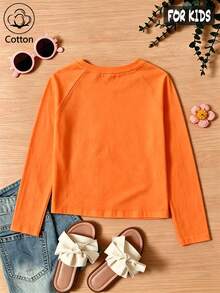Halloween Girls Cotton Raglan Long Sleeve T-Shirt, Cartoon Ghost Pumpkin Print, Cute Sweet Preppy Style - Orange - View 4