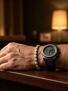 Men's Square Natural Stone Bead Elastic Bracelet, Vintage Stackable Stretch Wristband, Casual Daily Accessory - Bracelet - View 2