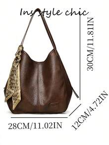 Solid Color Pleated Texture Shoulder Bag With Heart Print Scarf, Large Capacity Tote Bag For Books, Umbrellas, Water Bottles And Other Personal Items, Suitable For Daily Commute, Short Trips, Shopping And Everyday Outings - Brown - View 2